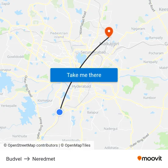 Budvel to Neredmet map