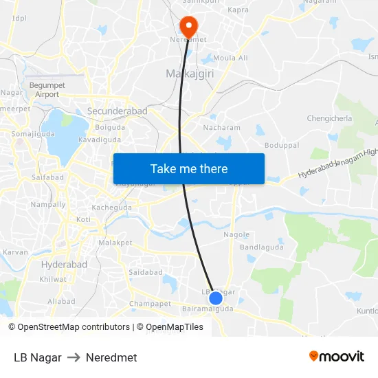 LB Nagar to Neredmet map