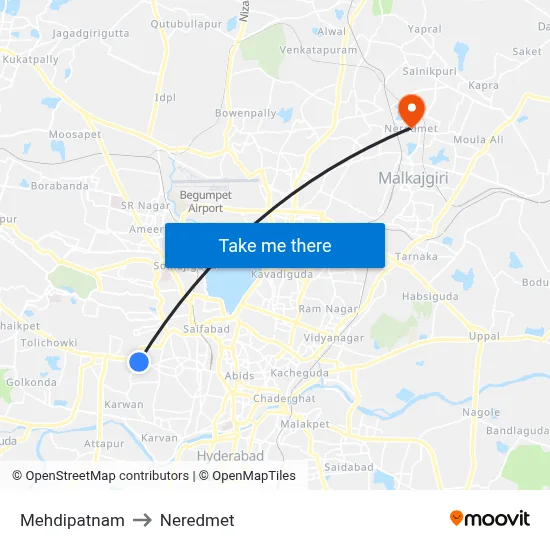 Mehdipatnam to Neredmet map