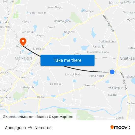 Annojiguda to Neredmet map