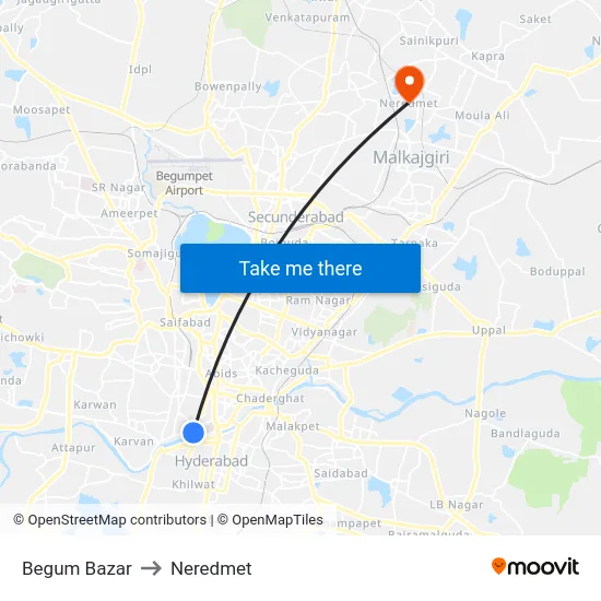 Begum Bazar to Neredmet map