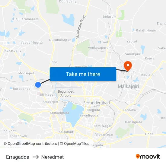 Erragadda to Neredmet map