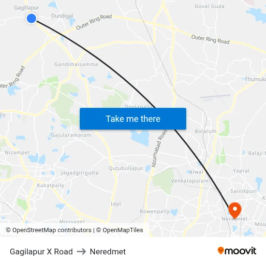 Gagilapur X Road to Neredmet map