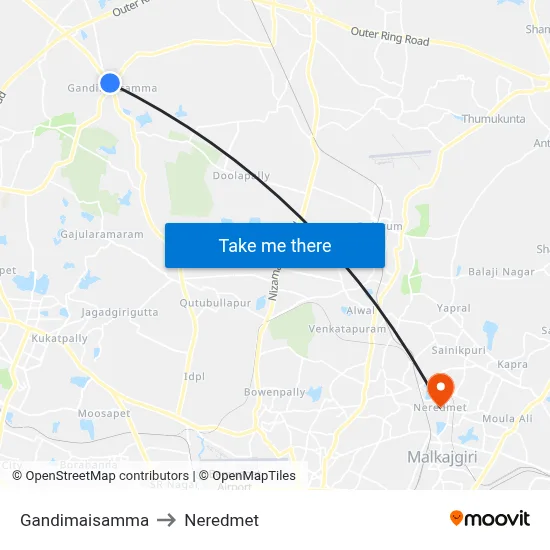 Gandimaisamma to Neredmet map