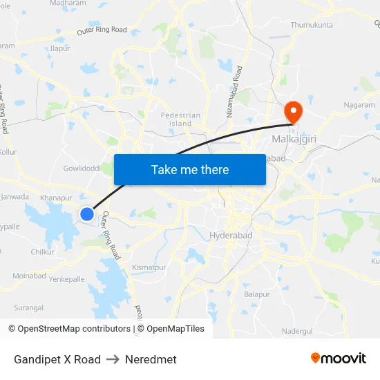 Gandipet X Road to Neredmet map
