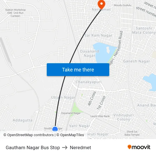 Gautham Nagar Bus Stop to Neredmet map