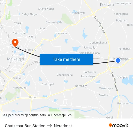 Ghatkesar Bus Station to Neredmet map