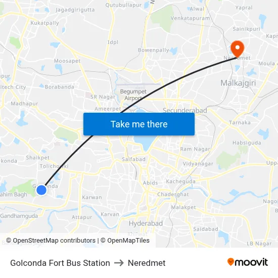 Golconda Fort Bus Station to Neredmet map