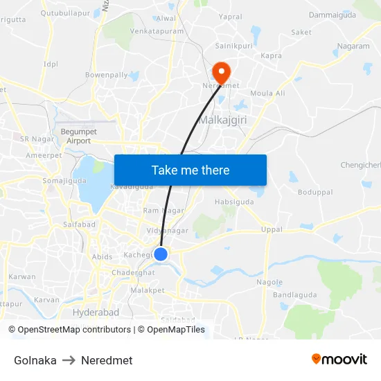 Golnaka to Neredmet map