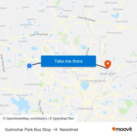 Gulmohar Park Bus Stop to Neredmet map