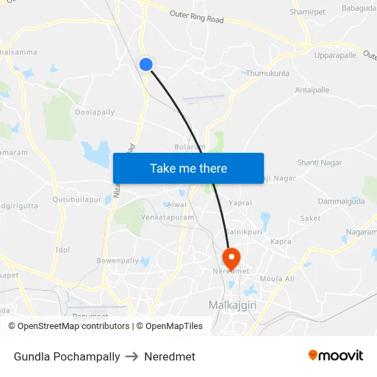 Gundla Pochampally to Neredmet map