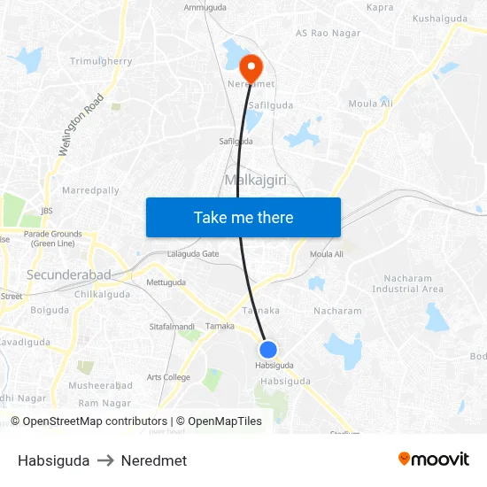 Habsiguda to Neredmet map