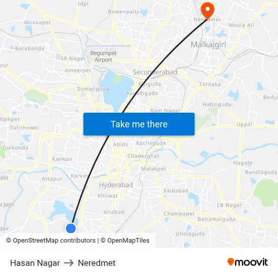 Hasan Nagar to Neredmet map