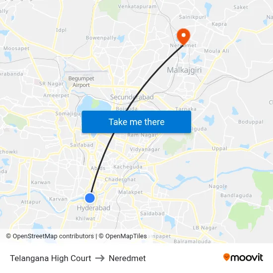 Telangana High Court to Neredmet map
