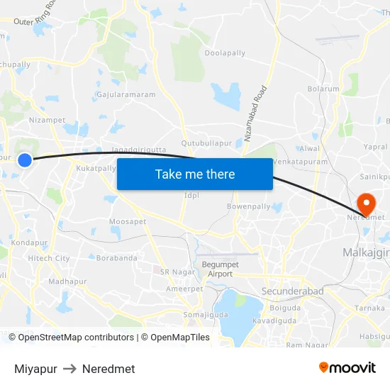Miyapur to Neredmet map