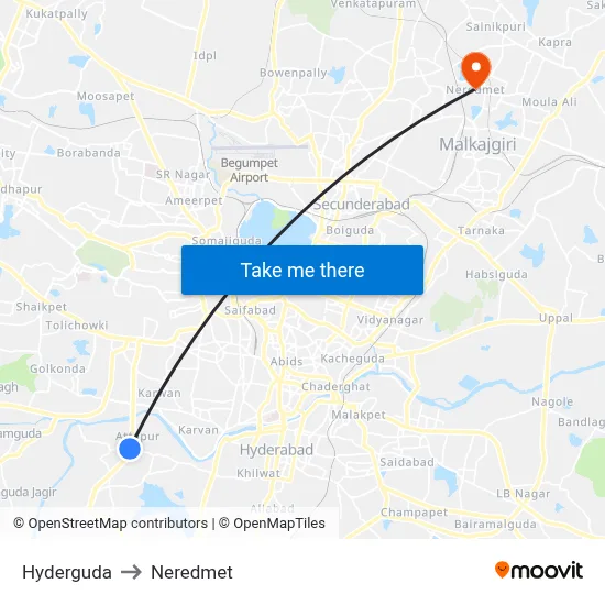Hyderguda to Neredmet map
