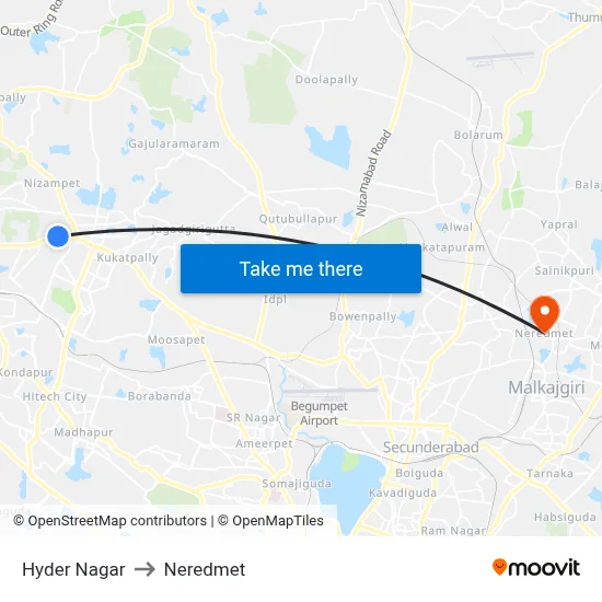 Hyder Nagar to Neredmet map