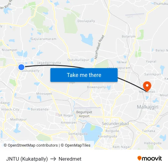 JNTU (Kukatpally) to Neredmet map