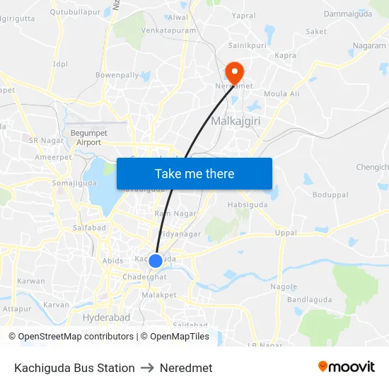 Kachiguda Bus Station to Neredmet map