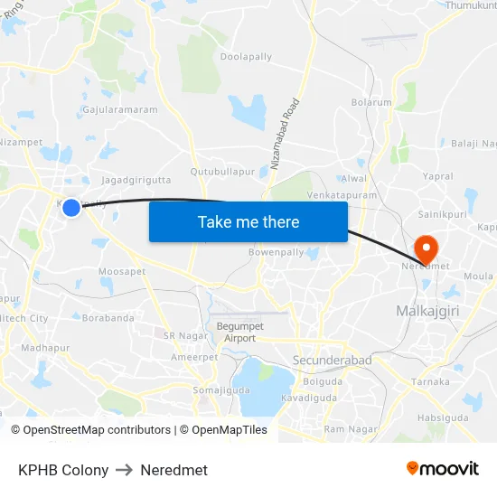 KPHB Colony to Neredmet map
