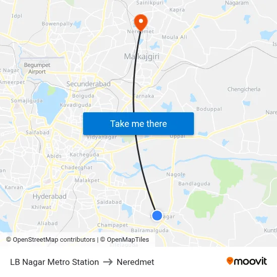 LB Nagar Metro Station to Neredmet map