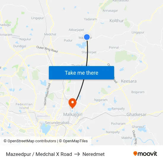 Mazeedpur / Medchal X Road to Neredmet map