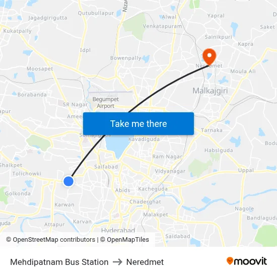 Mehdipatnam Bus Station to Neredmet map