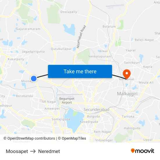 Moosapet to Neredmet map