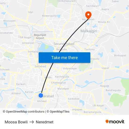 Moosa Bowli to Neredmet map