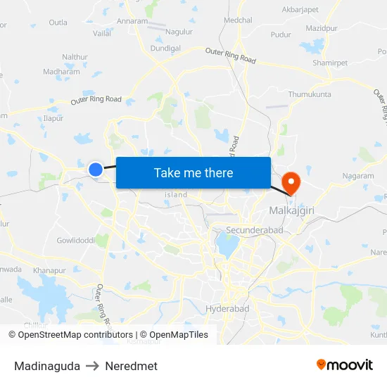 Madinaguda to Neredmet map