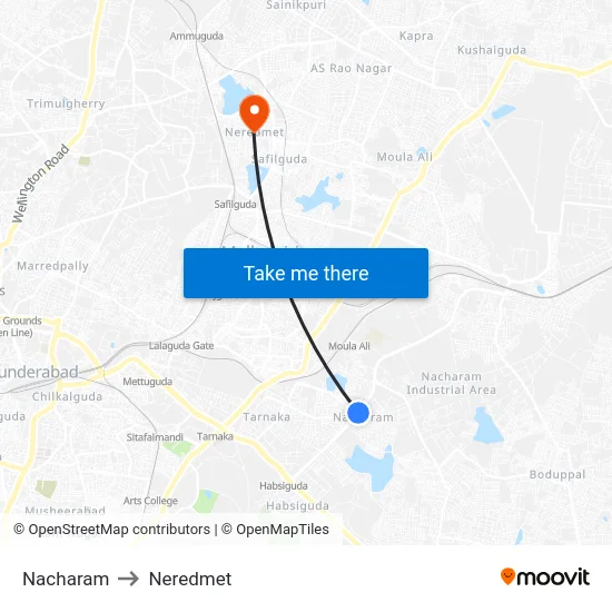 Nacharam to Neredmet map