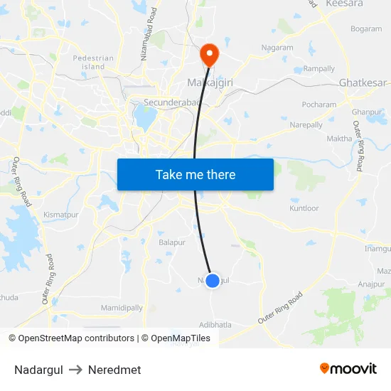 Nadargul to Neredmet map