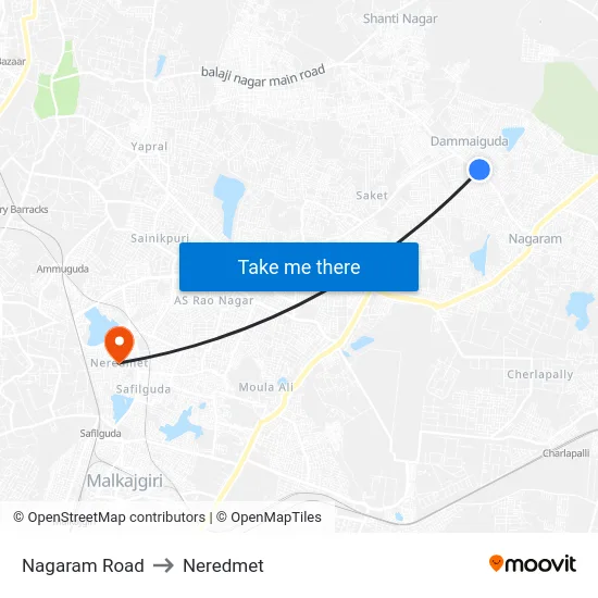Nagaram Road to Neredmet map