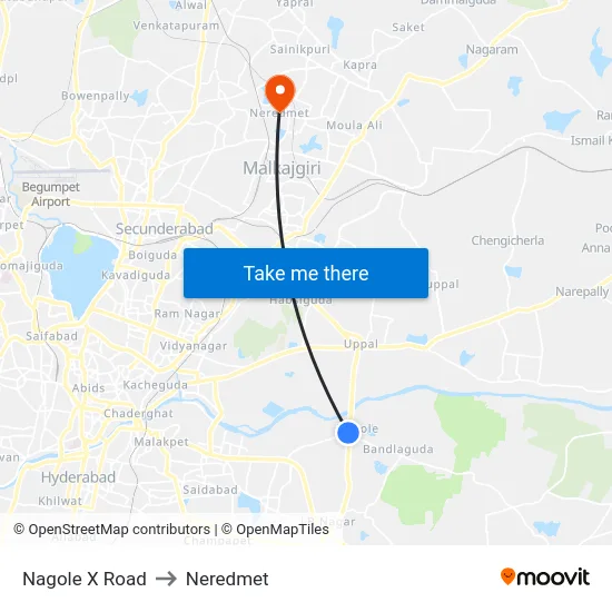 Nagole X Road to Neredmet map