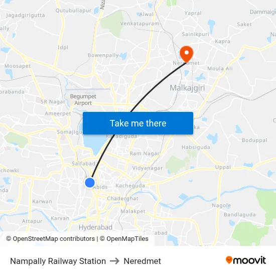 Nampally Railway Station to Neredmet map