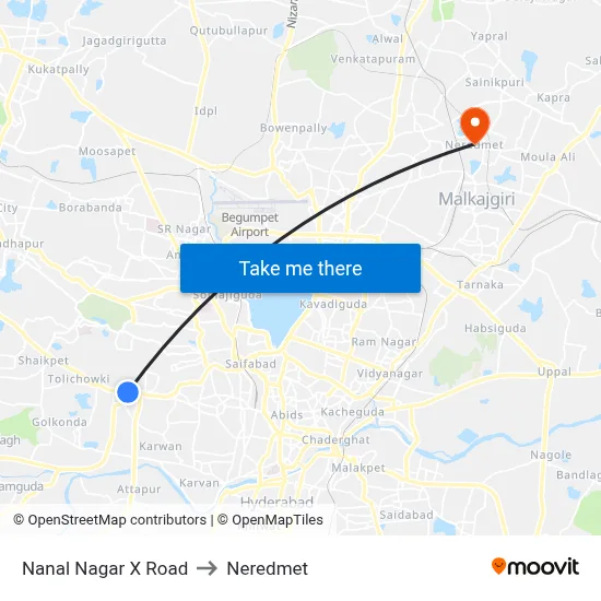 Nanal Nagar X Road to Neredmet map