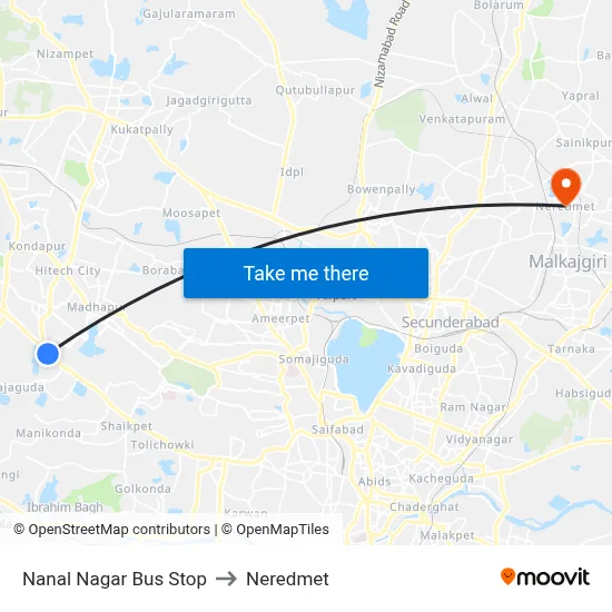 Nanal Nagar Bus Stop to Neredmet map