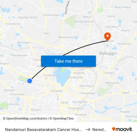 Nandamuri Basavatarakam Cancer Hospital to Neredmet map