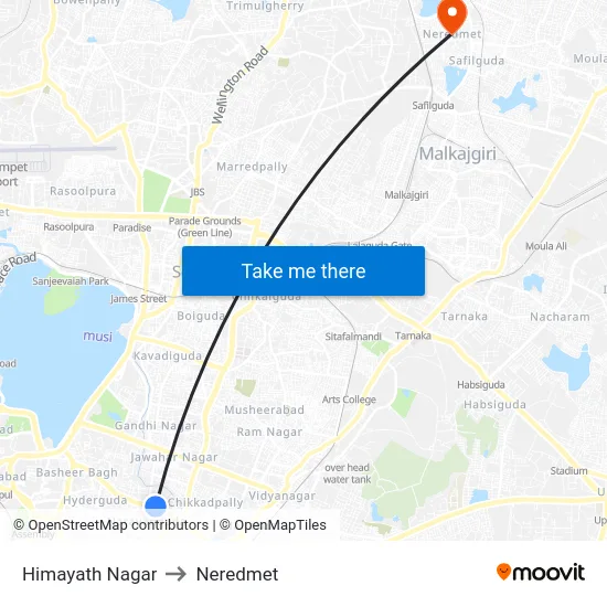 Himayath Nagar to Neredmet map