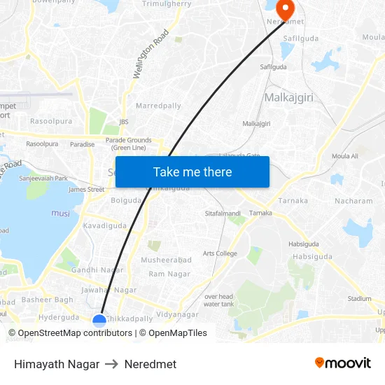 Himayath Nagar to Neredmet map