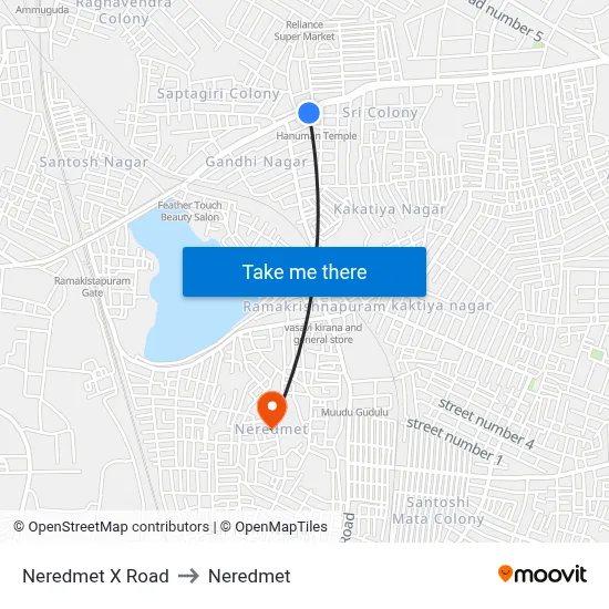 Neredmet X Road to Neredmet map