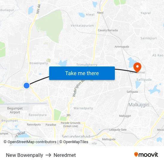 New Bowenpally to Neredmet map