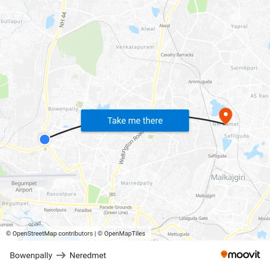 Bowenpally to Neredmet map