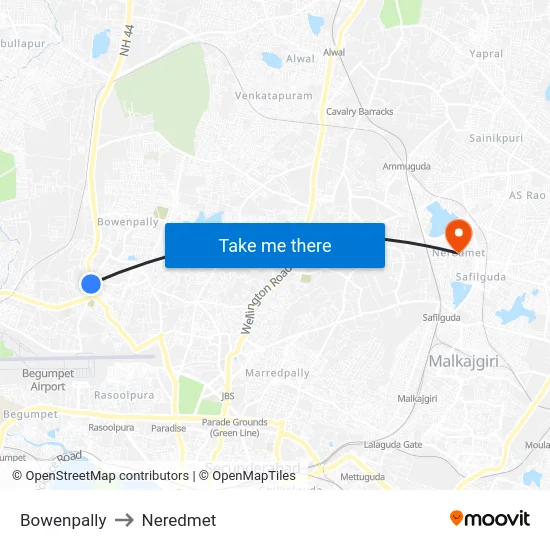 Bowenpally to Neredmet map