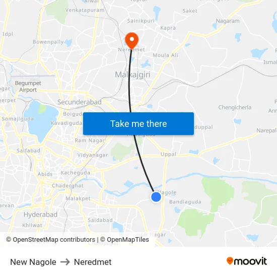 New Nagole to Neredmet map