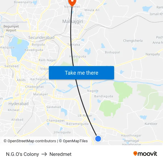 N.G.O's Colony to Neredmet map