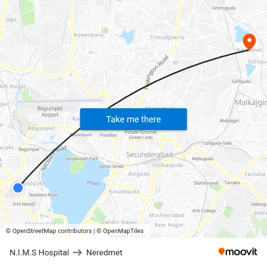N.I.M.S Hospital to Neredmet map
