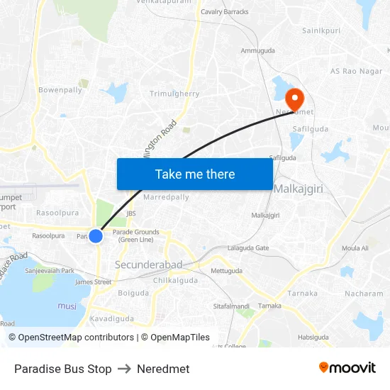Paradise Bus Stop to Neredmet map