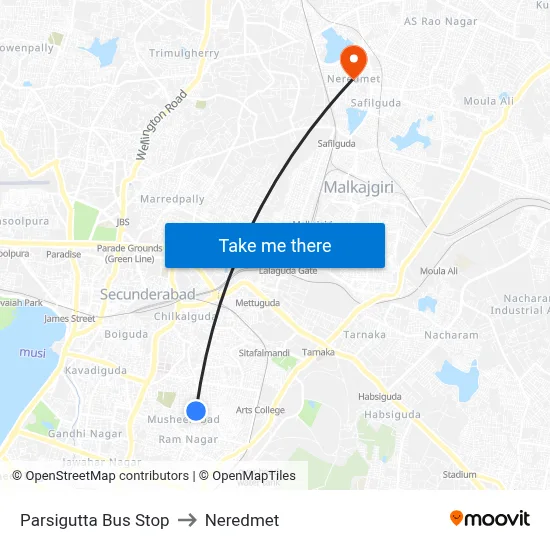 Parsigutta Bus Stop to Neredmet map