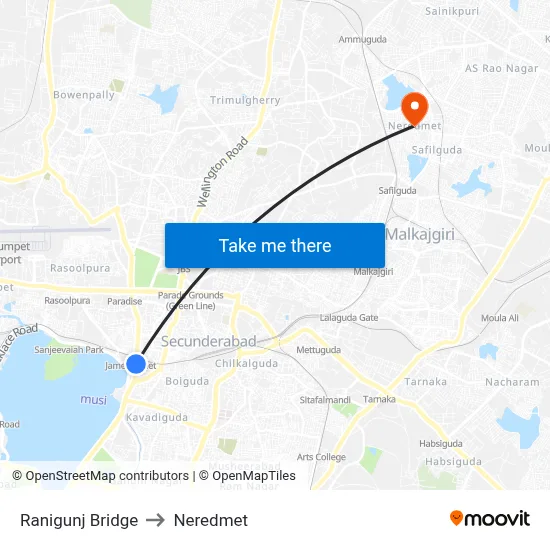 Ranigunj Bridge to Neredmet map